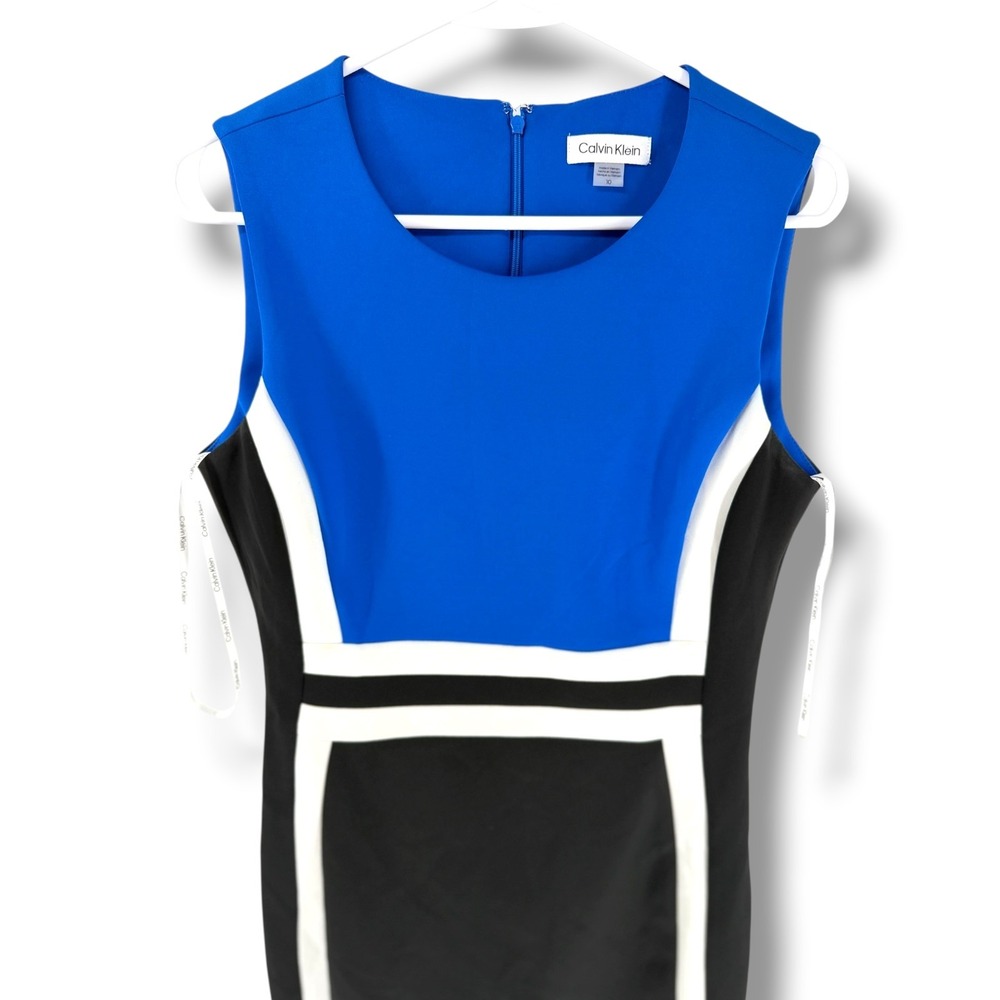 Calvin Klein Womens Blue Black White Colorblock Sleeveless Sheath Dress Size 10
